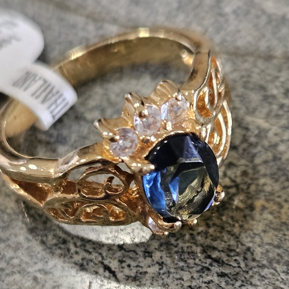 Haviland Gold Ring with Blue Gemstone and Crystal Accents - Picture 10 of 15